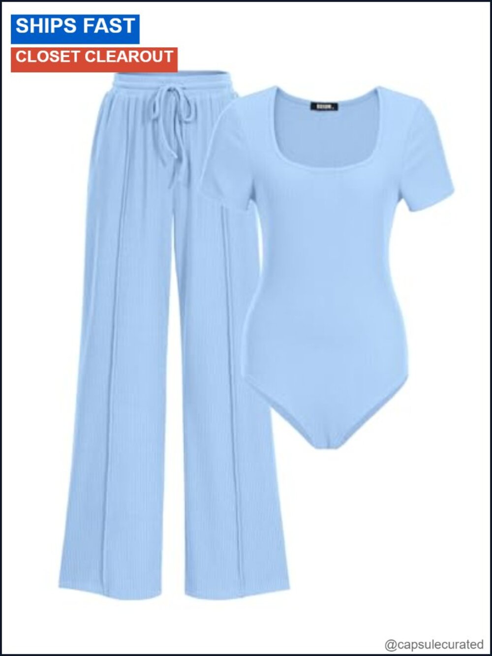 Ribbed Knit 2 Piece Bodysuit and Wide Leg Pants Set